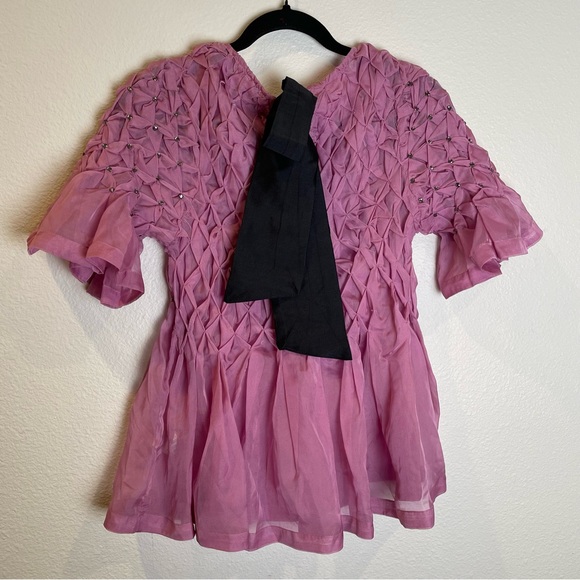 NWT Anthropologie Maeve Rhinestone Smock Sheer Babydoll Bow Top Pink Size XS - Picture 7 of 14